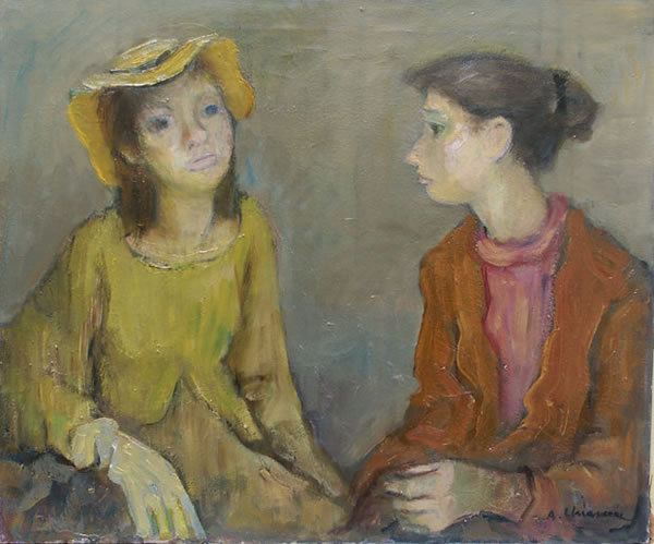 Amiche, anni ’60- ’70, olio su tela, cm 50x60, Napoli, collezione privata